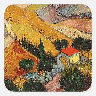 Pegatina Cuadrada Vincent van Gogh - Paisaje, Casa y Labrador