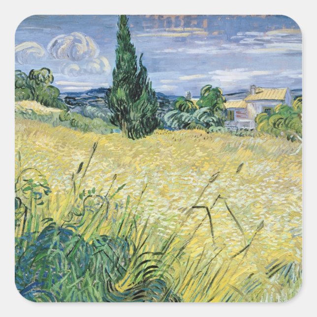 Pegatina Cuadrada Vincent van Gogh | Paisaje con maíz verde, 1889 (Anverso)