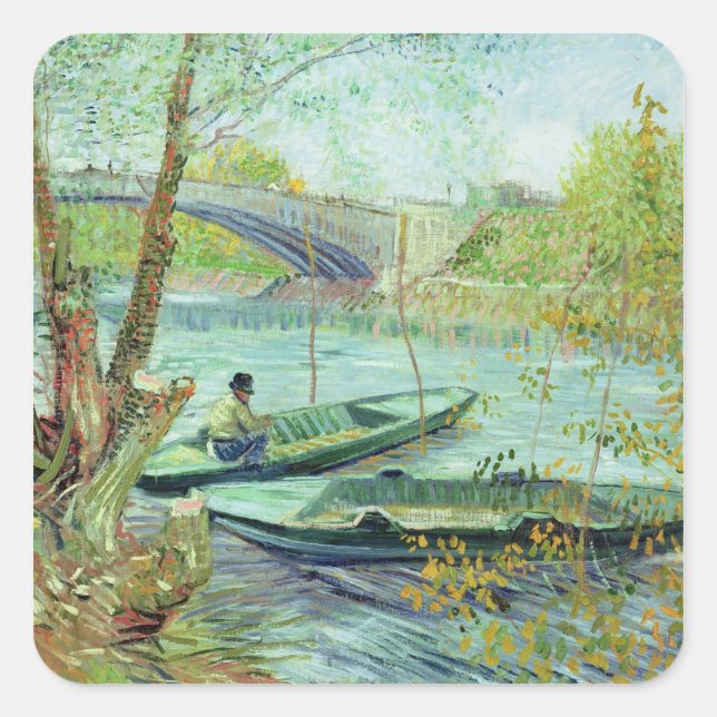Pegatina Cuadrada Vincent van Gogh | Pesca en primavera (Anverso)