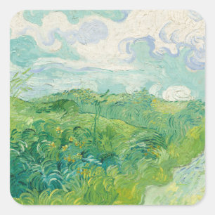 Pegatina Cuadrada Vincent Van Gogh pintando Campo de trigo verde