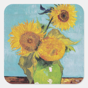 Pegatina Cuadrada Vincent Van Gogh - Tres Girasoles en un Jarrón