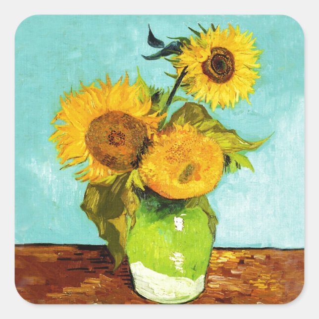 Pegatina Cuadrada Vincent Van Gogh Tres Girasoles En Una Vara (Anverso)