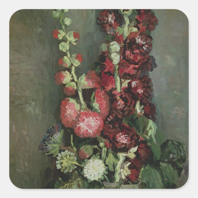 Pegatina Cuadrada Vincent van Gogh | Vase de Hollyhocks, 1886 (Anverso)