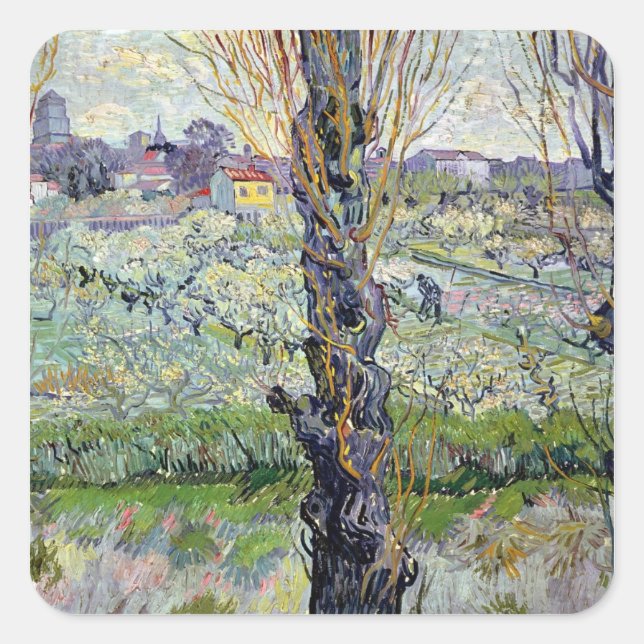 Pegatina Cuadrada Vincent van Gogh | Vista de Arles, 1889 (Anverso)