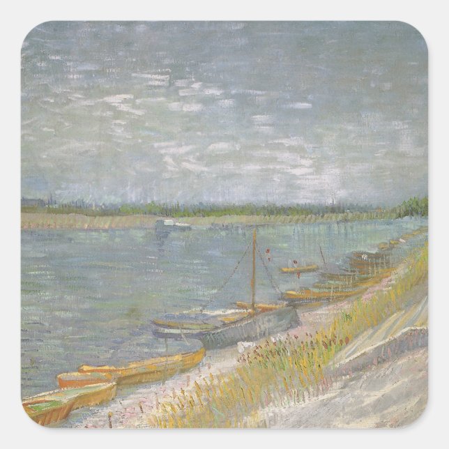 Pegatina Cuadrada Vincent van Gogh - Vista de un río con botes de re (Anverso)