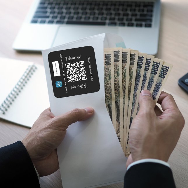 Pegatina Cuadrada Vínculo de código qr de nombre de negocio blanco n (Subido por el creador)