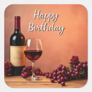 Pegatina Cuadrada Viñedo Elegante Feliz Cumpleaños Vino y Uvas