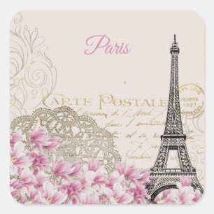 Pegatina Cuadrada Viñeta Eiffel Torre Paris Postcard