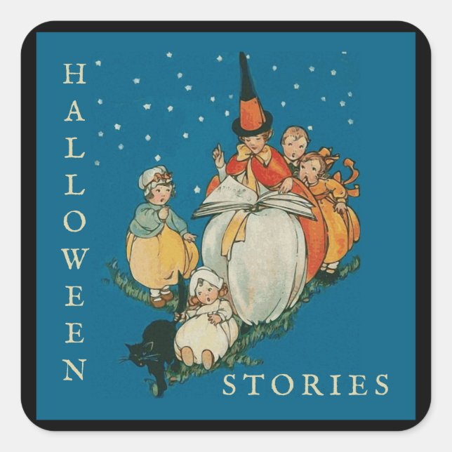 Pegatina Cuadrada Viñeta Halloween Storytime Pequeña Bruja Gato Negr (Anverso)