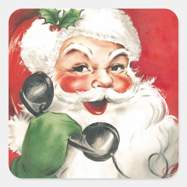 Pegatina Cuadrada Viñeta Santa Claus En El Teléfono (Anverso)
