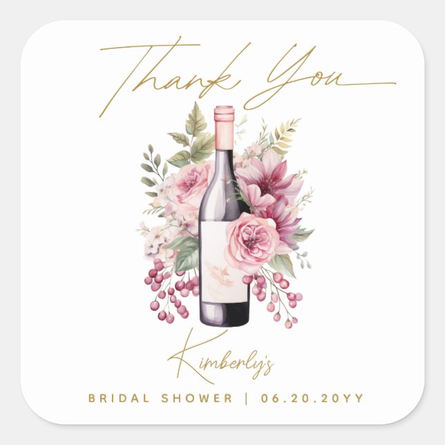 Pegatina Cuadrada Vino antes de Vows elegante acuarela Ducha Nupcial (Anverso)