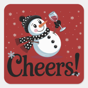 Pegatina Cuadrada Vino Cheers Navidad Muñeco de Nieve Navidad Bebida
