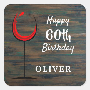 Pegatina Cuadrada Vino Rojo de Madera Rústica Cumpleaños 60