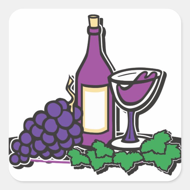 Pegatina Cuadrada Vino rojo y uvas moradas (Anverso)