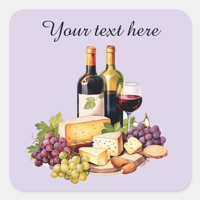 Pegatina Cuadrada Vino y queso añaden texto (Anverso)