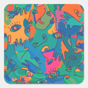 Pegatina Cuadrada Vintage Abstract Face Finger Doodle Line