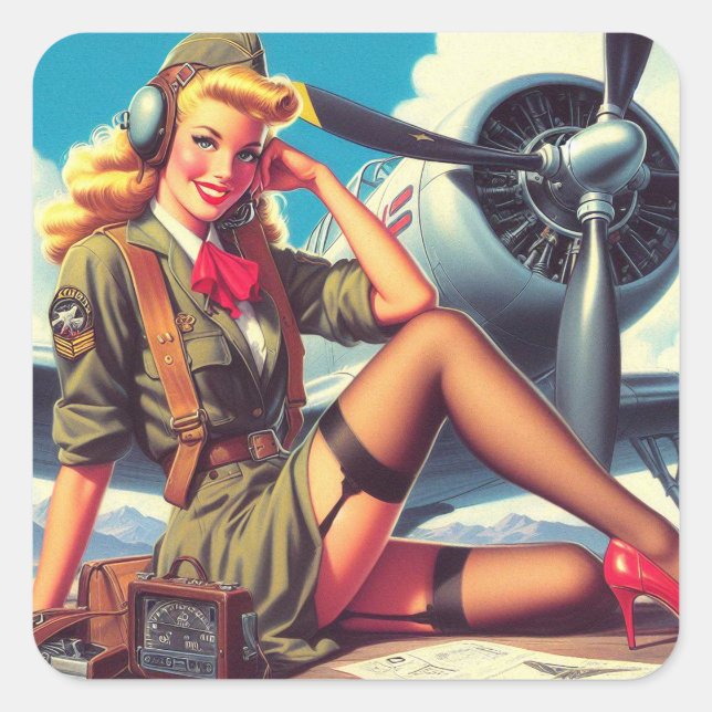 Pegatina Cuadrada Vintage Airplane Pin-Up (Anverso)