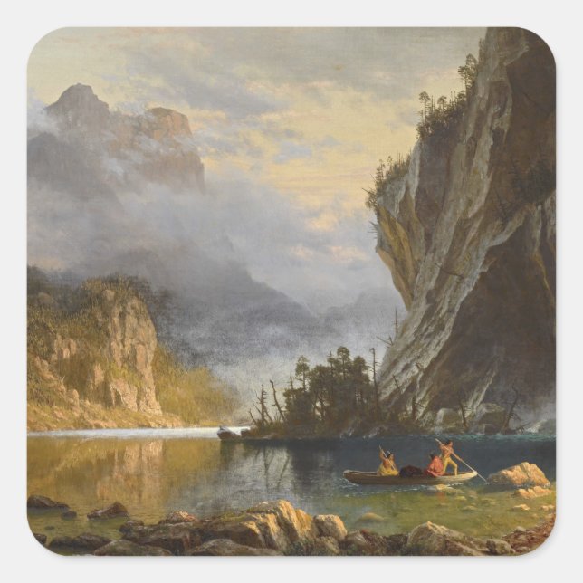 Pegatina Cuadrada Vintage Albert Bierstadt Indians Spear Fishing (Anverso)