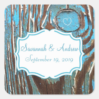 Pegatina Cuadrada Vintage Aqua Old Barn Wood Save the Date Seal
