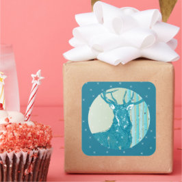 Pegatina Cuadrada Vintage Aqua Verde azulado Buck Deer Birch Tree Sn