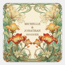 Pegatina Cuadrada Vintage Art Nouveau Botanau Mucha Gracias