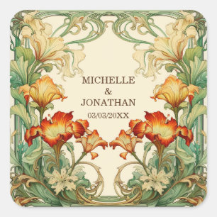 Pegatina Cuadrada Vintage Art Nouveau Botanau Mucha Gracias