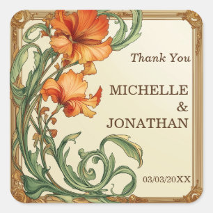 Pegatina Cuadrada Vintage Art Nouveau Botanau Mucha Gracias