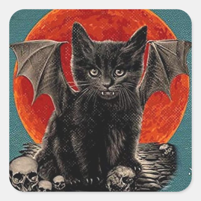 Pegatina Cuadrada Vintage Batcat Spooky Happy Halloween (Anverso)
