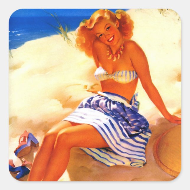 Pegatina Cuadrada Vintage Beach Summer Pin up Chica (Anverso)