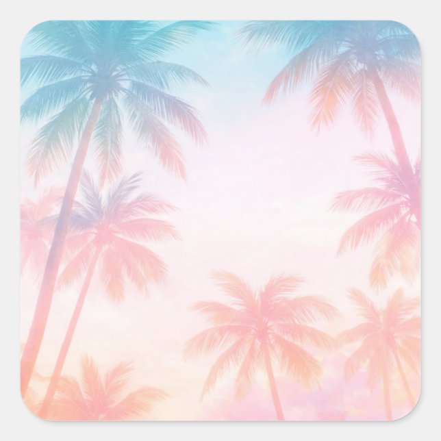 Pegatina Cuadrada Vintage Beach Sunset Palm Trees Pastel             (Anverso)
