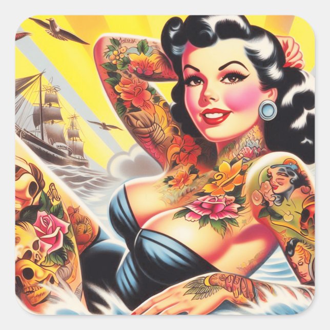 Pegatina Cuadrada Vintage Beach Tattoo Pinup (Anverso)