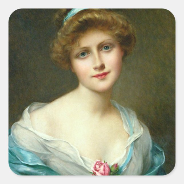 Pegatina Cuadrada Vintage Beautiful Lady Green Vress (Anverso)