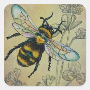Pegatina Cuadrada Vintage Bee Nº 2 y Clover Watercolor Art