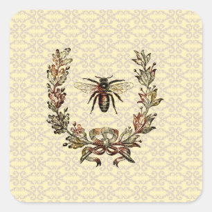 Pegatina Cuadrada Vintage Bee Wreath