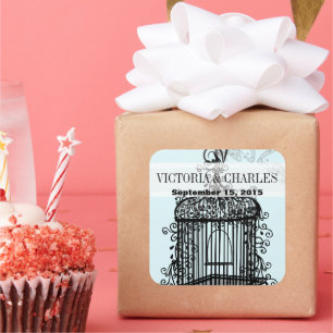 Pegatina Cuadrada Vintage Bird Cage Musical Love Bird Aqua Bodas