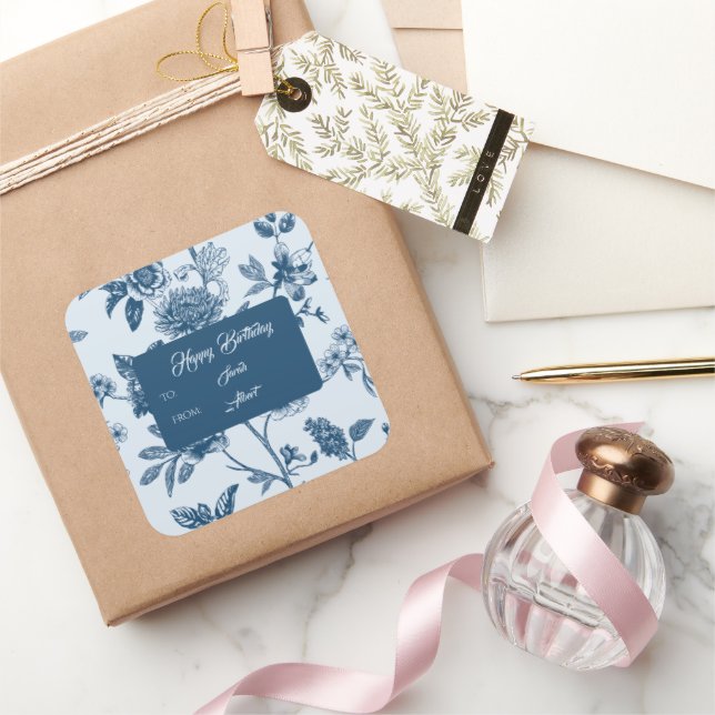 Pegatina Cuadrada Vintage Blue Floral Toile Cumpleaños (Regalar)