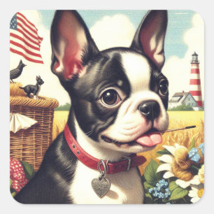 Pegatina Cuadrada Vintage Boston Terrier Ilustracion