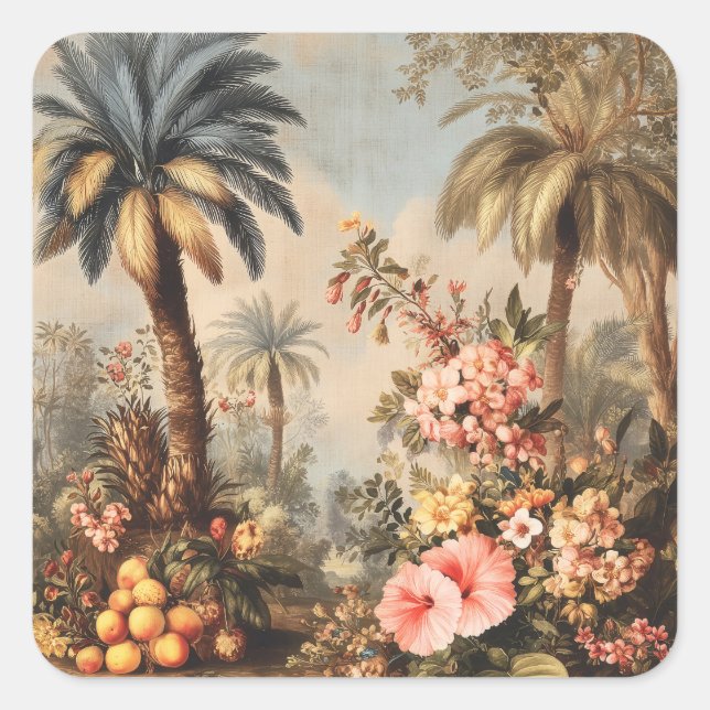 Pegatina Cuadrada Vintage Botanical Scene with Palms (Anverso)