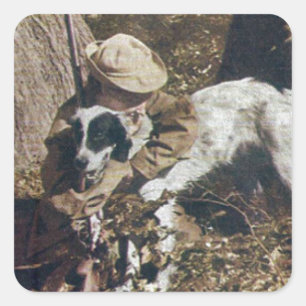 Pegatina Cuadrada vintage boy y su perro de caza