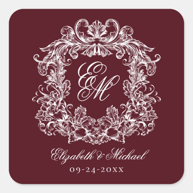 Pegatina Cuadrada Vintage Burgundy Elegant Wedding Monogram Crest (Anverso)