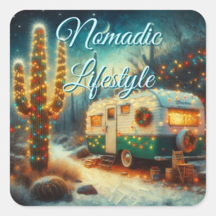 Pegatina Cuadrada Vintage Camper Navidades en el desierto Saguaro Ca