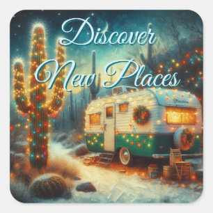 Pegatina Cuadrada Vintage Camper Navidades en el desierto Saguaro Ca