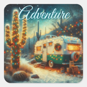Pegatina Cuadrada Vintage Camper Navidades en el desierto Saguaro Ca