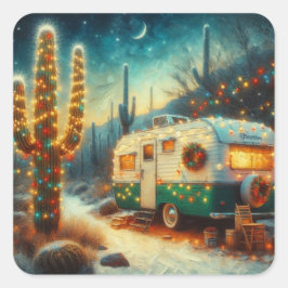 Pegatina Cuadrada Vintage Camper Navidades en el desierto Saguaro Ca