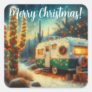 Pegatina Cuadrada Vintage Camper Saguaro Cactus Navidades Blue Green