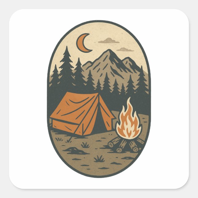 Pegatina Cuadrada Vintage Camping Night Scene Campfire Mountains (Anverso)