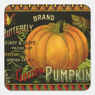Pegatina Cuadrada Vintage Can Label Art, Mariposa Calabaza Vegetable
