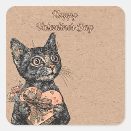 Pegatina Cuadrada Vintage Cat With Heart Box Valentines Day