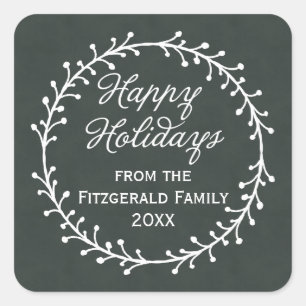 Pegatina Cuadrada Vintage Chalkboard Navidades Wreath Happy Holidays