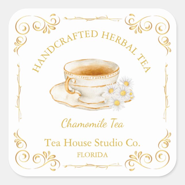 Pegatina Cuadrada Vintage Chamomile Tea Square Label (Anverso)